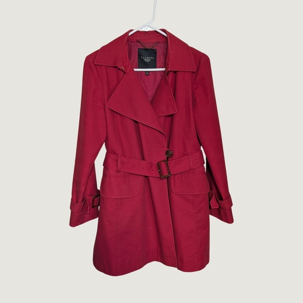 Talbots Petites Red Cotton Stretch Trench Coat Belted Jacket Size 6P Petite